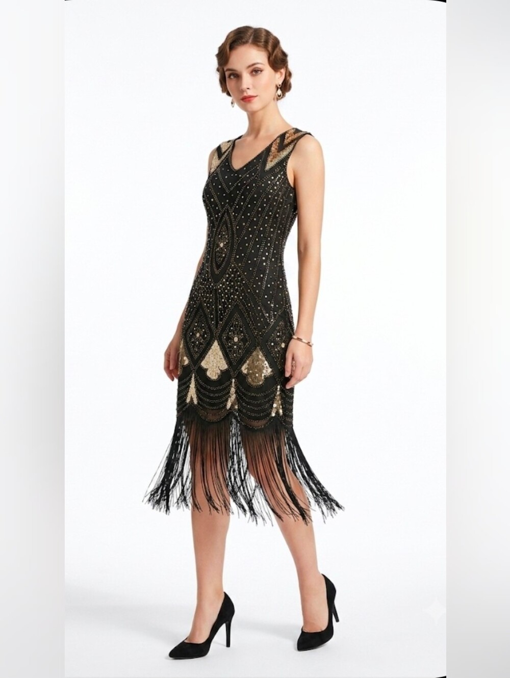 1920s Gatsby-style black and gold sequin flapper dress featuring intricate Art